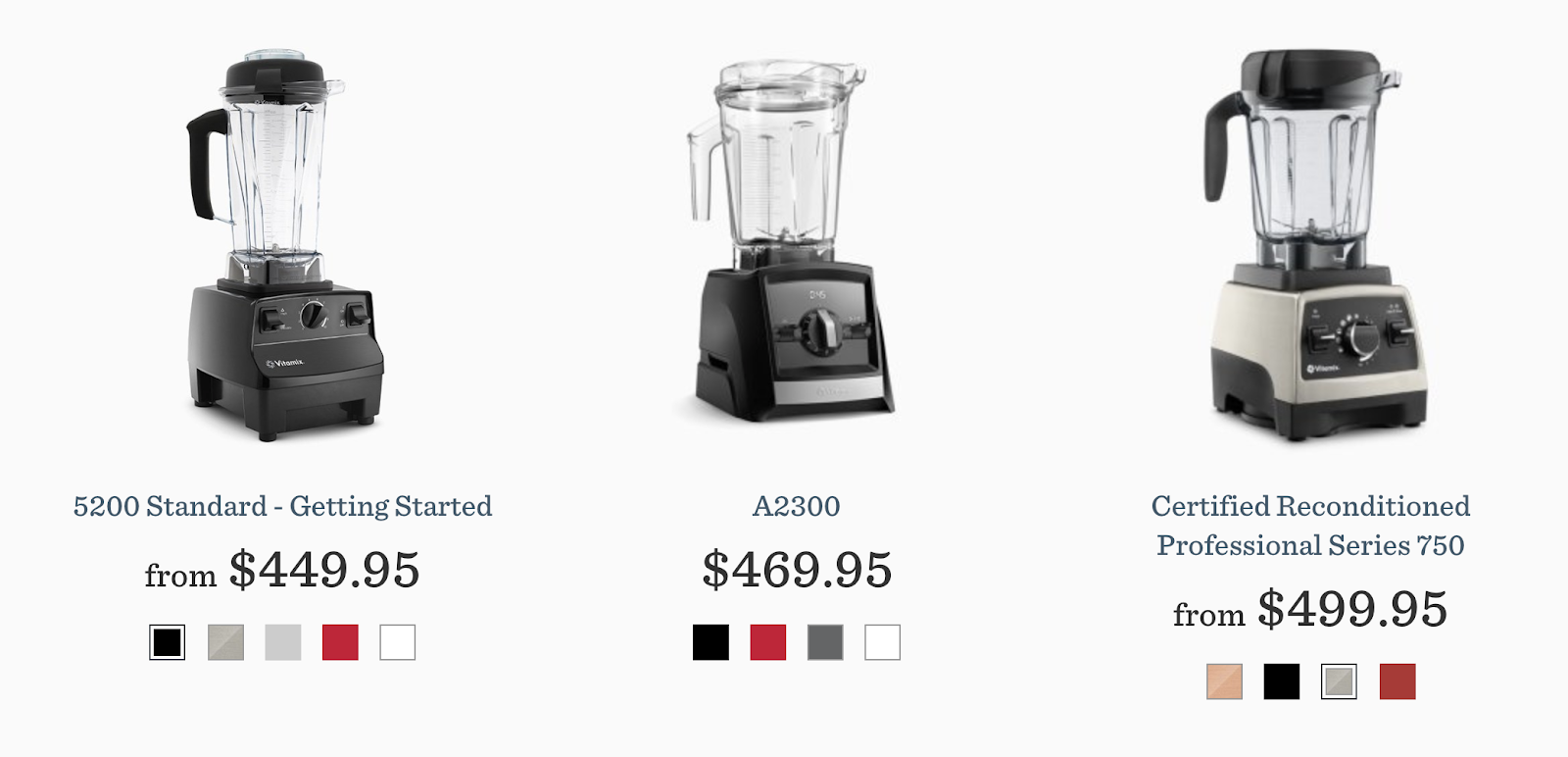Three blenders from the Vitamix collections page.