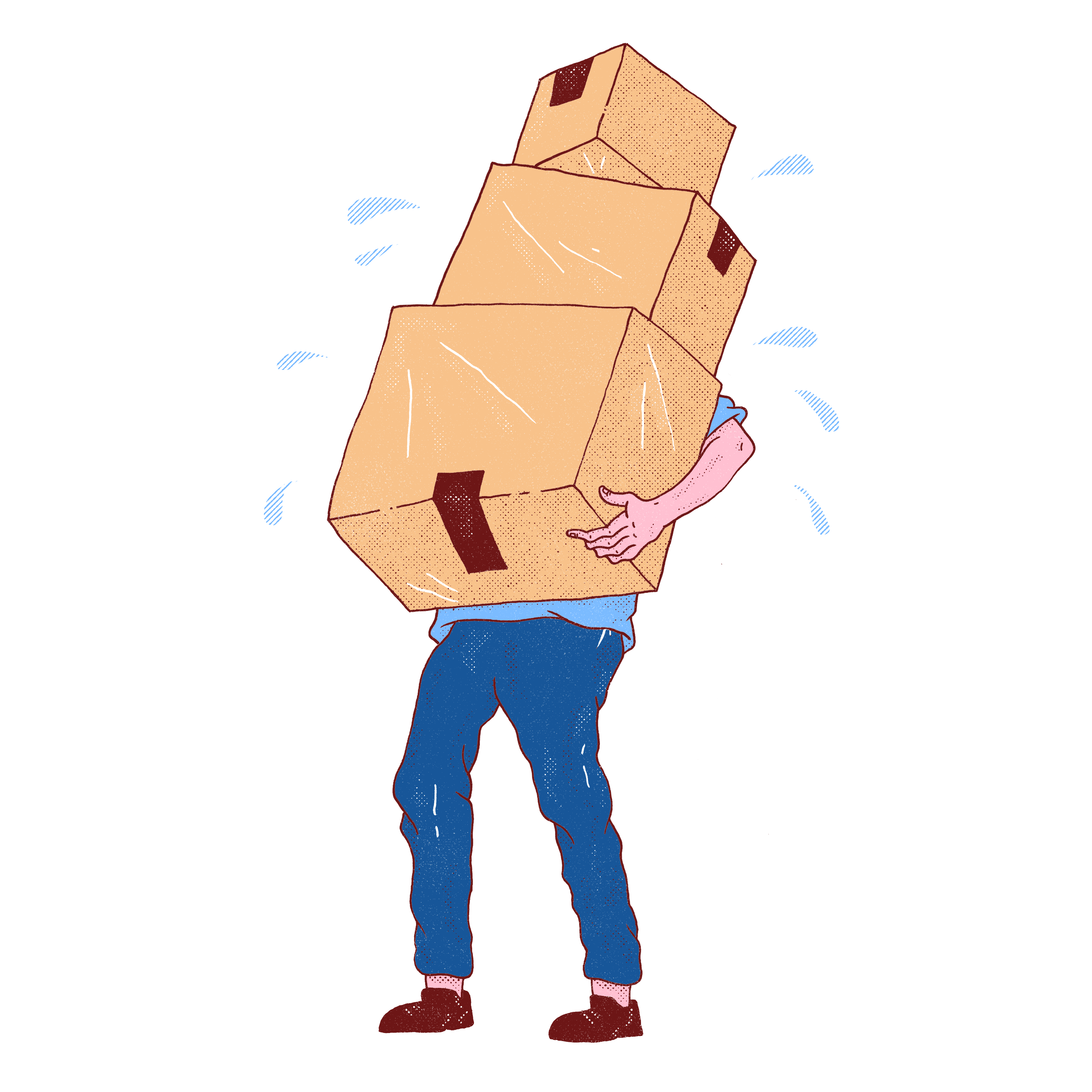 Illustration of a man holding boxes sweating