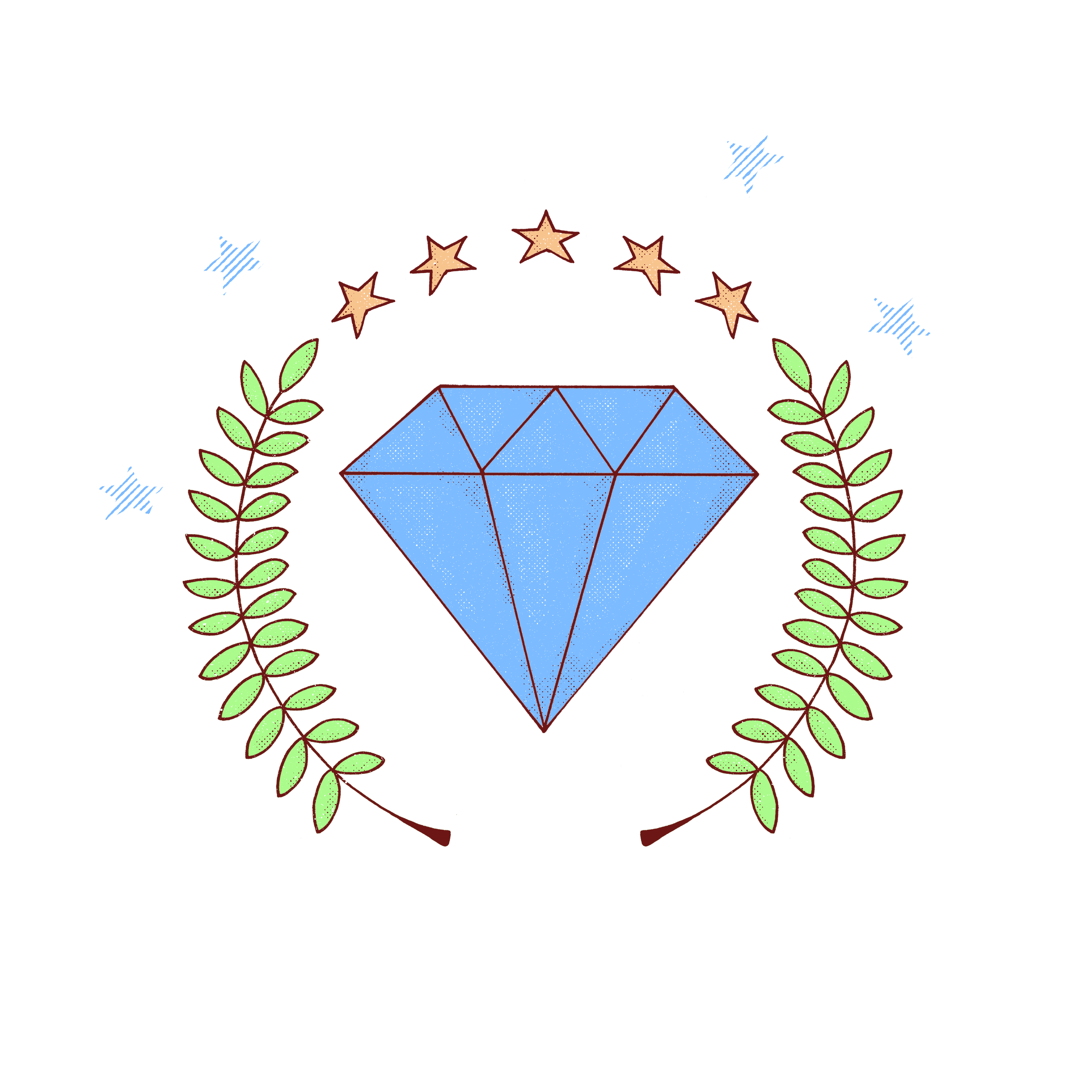 Illustration of a Diamond with a wreath and stars around it.