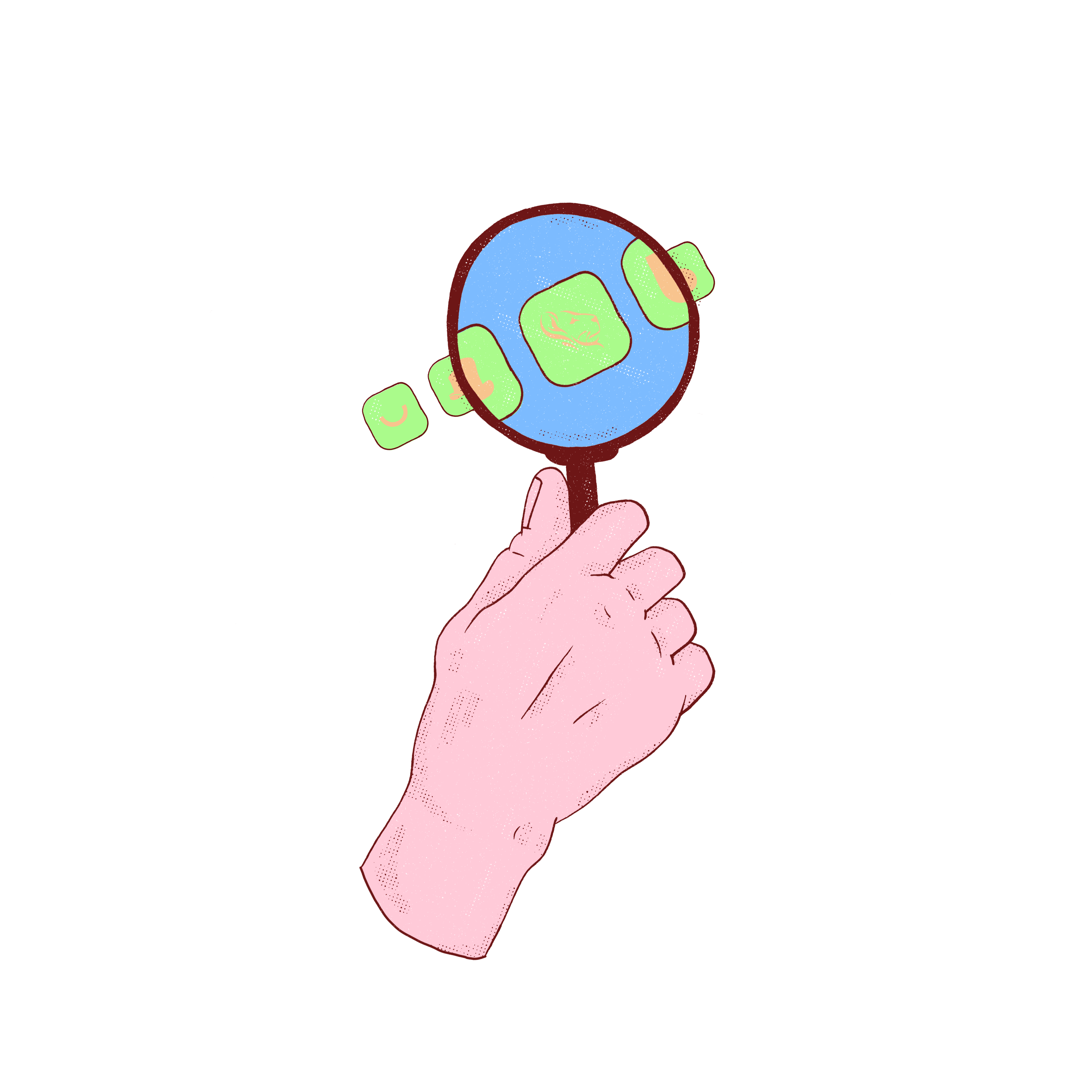 Illustration of a hand holding a magnifying glass with with reviews stars behind the magnifying glass.