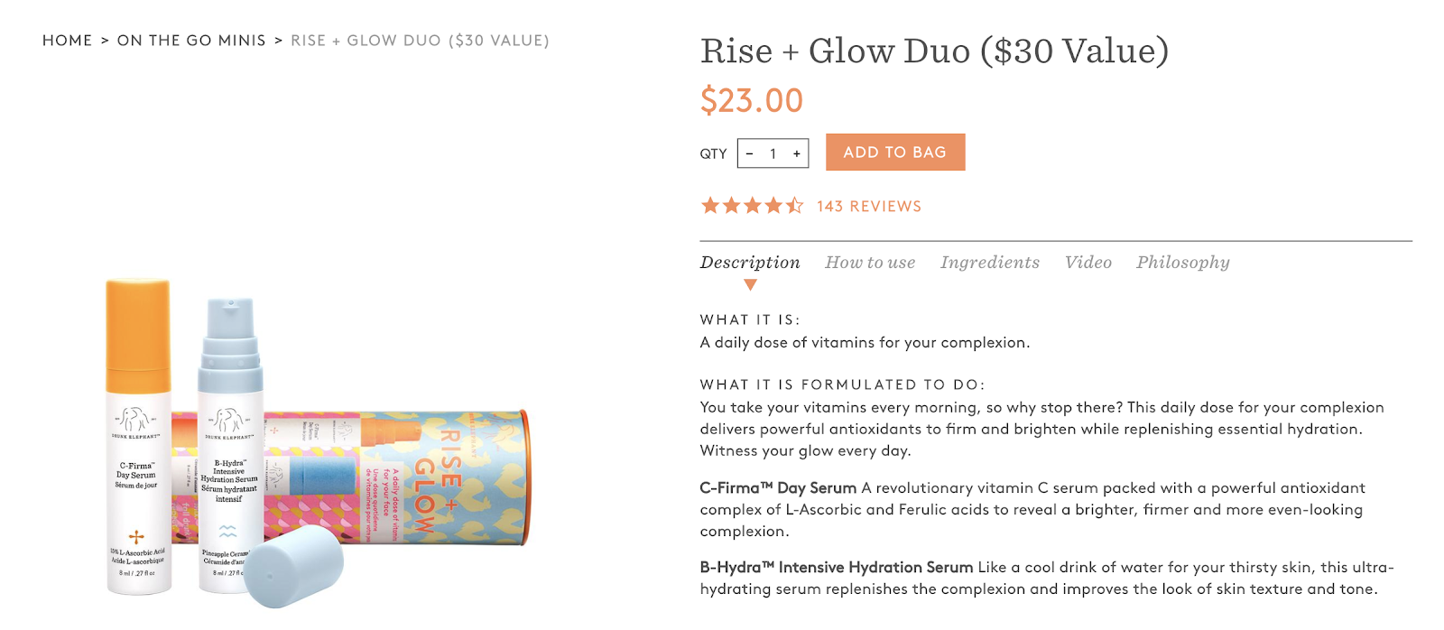 Drunk Elephant’s Rise and Glow Duo product detail page.