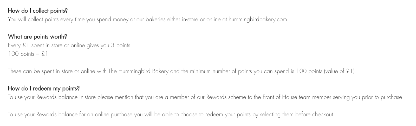 Screenshot of questions about Hummingbird Bakery’s points-based rewards system.