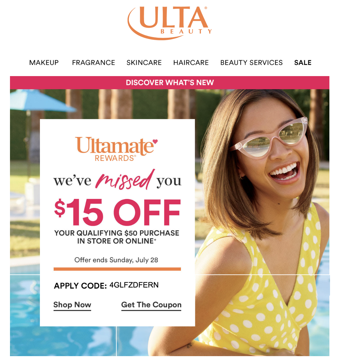 Ulta email for $15 off.