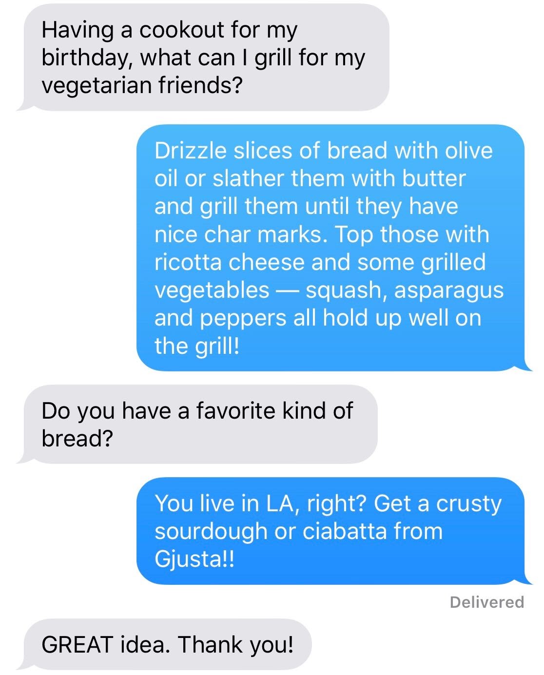 A text exchange about recipes from the Great Jones Potline.