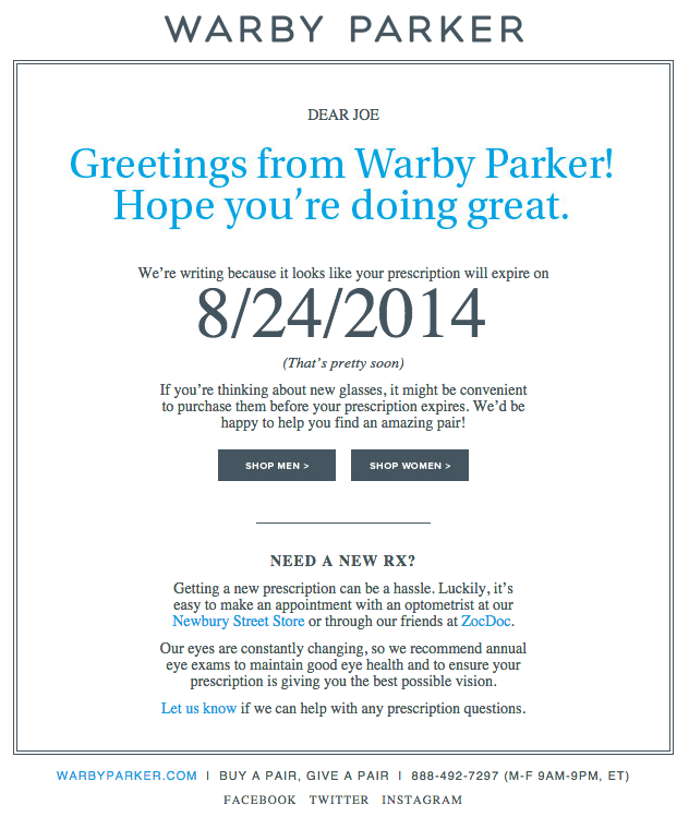 Warby Parker reminder email about prescription renewal.