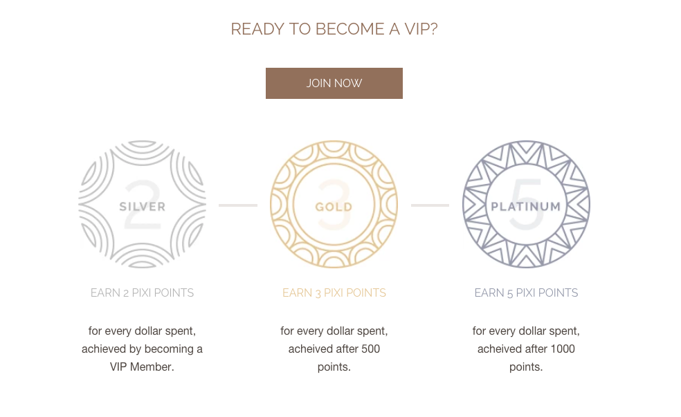 Screenshot of loyalty tiers from Pixi Beauty.