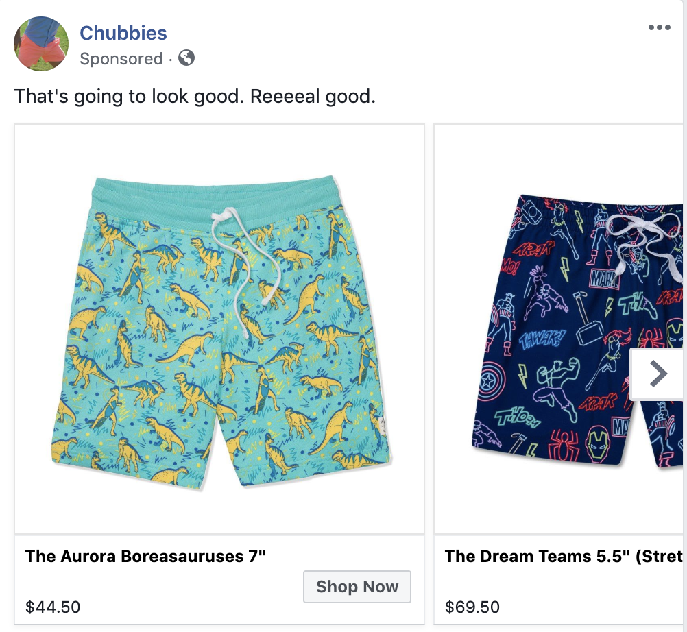 Screenshot of a carousel ad of Chubbies shorts.