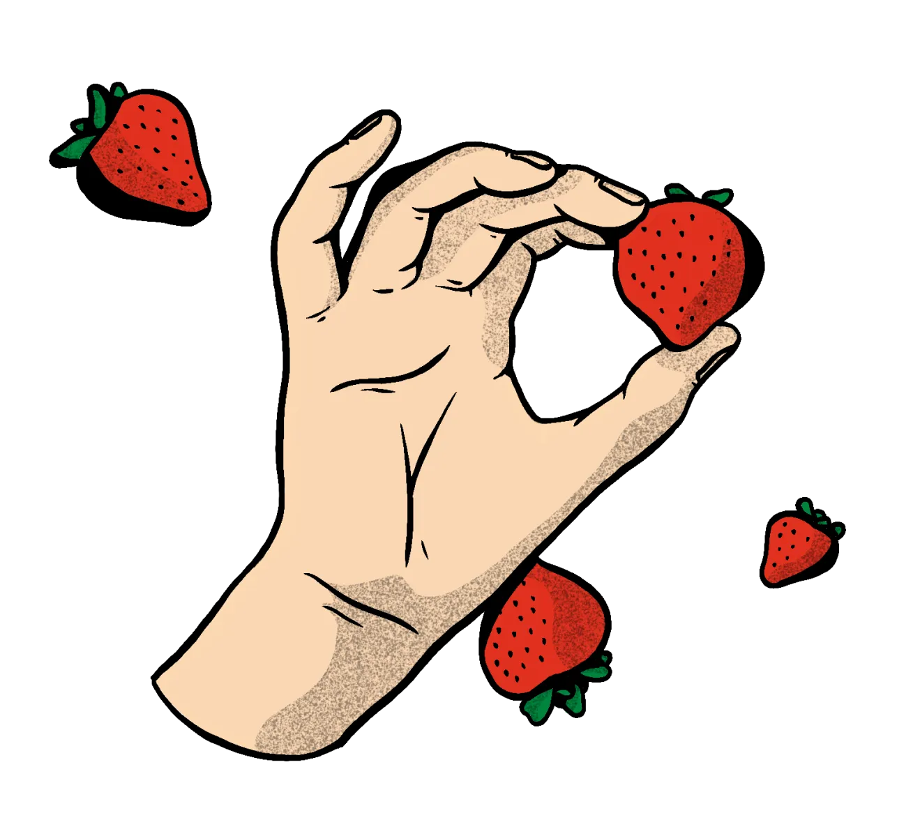 a hand holding a strawberry