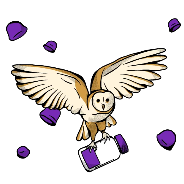 an owl carrying a jar